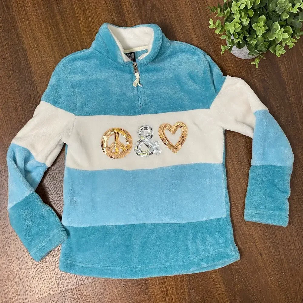 Girls Star Ride Blue & Cream Striped Fleece Pullover Sweatshirt Large 14/16